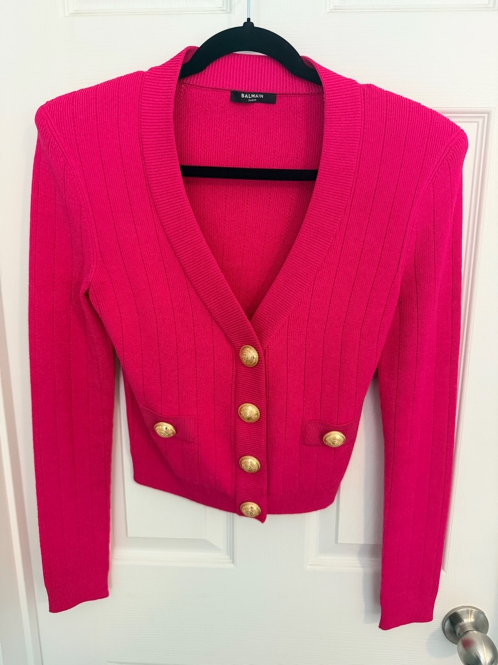 Balmain Fuchsia Ribbed V-Neck Cardigan with Gold Buttons